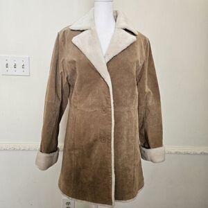 Jonathan Adler Beige Suede‎ Pea Coat Jacket W/ Faux Fur Lining. Size M
